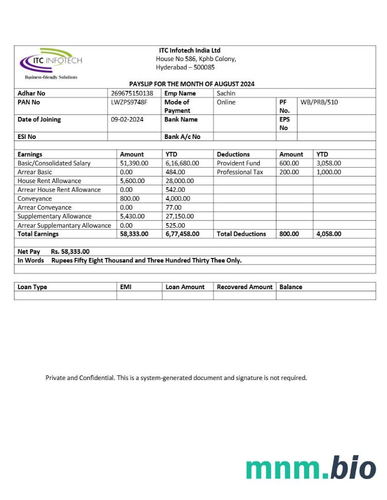 Szablon odcinka wypłaty ITC Infotech w formatach Word i PDF, 3